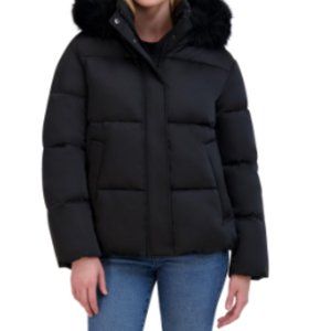 NWT Tahari Women's Black Lacey Faux Fur Trim Hooded Puffer Jacket